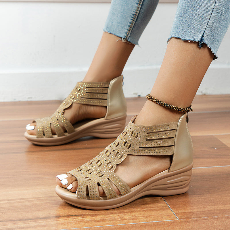 2022 Woman Sandals Women Cyrstal Comfortable Pumps Ladies Fashion Wedges Female Rome Bling Hollow Out Shoes Women's Zip Footwear